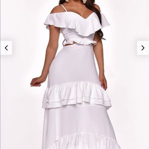 White ruffle off the shoulder high low maxi dress